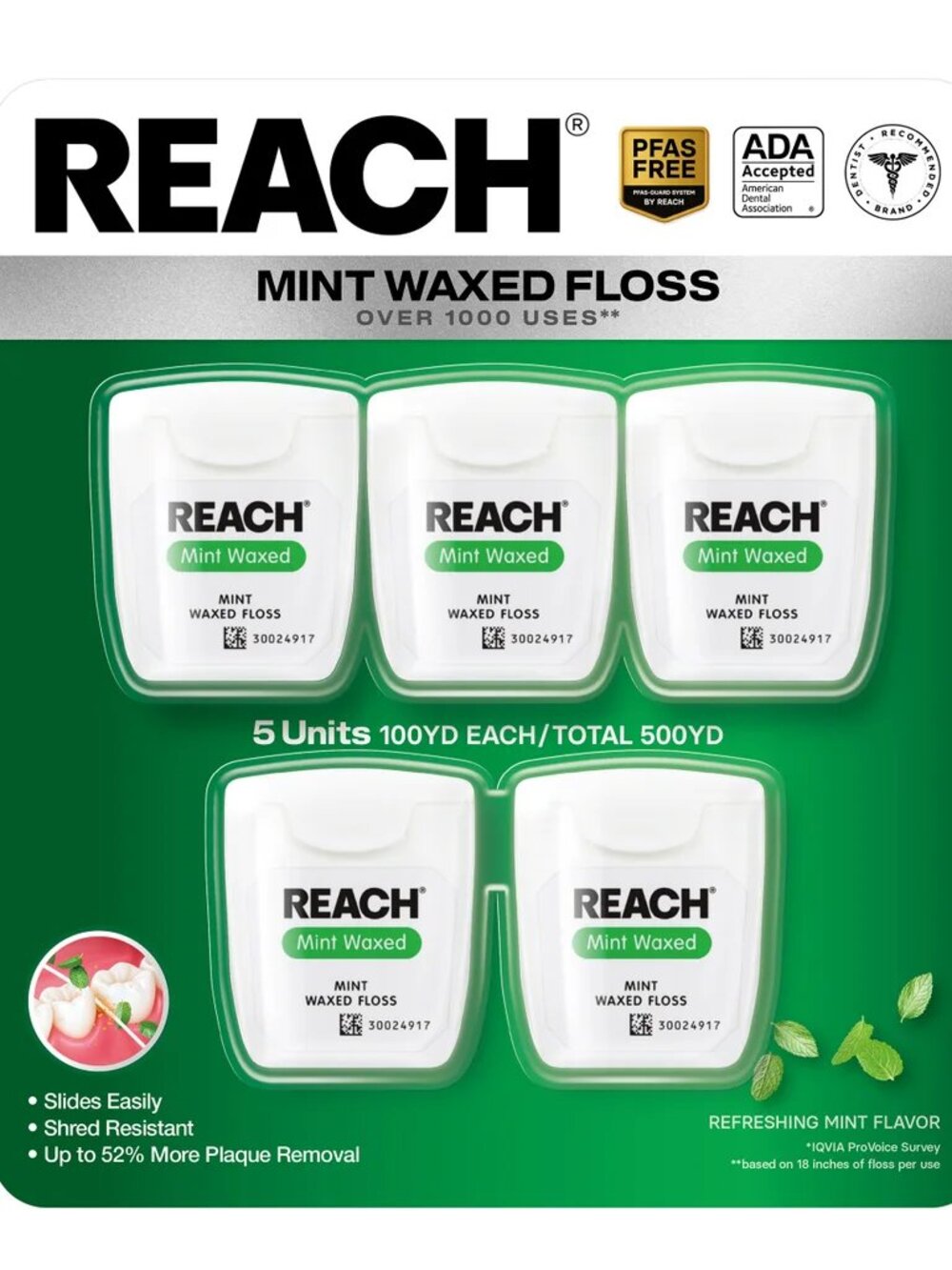 REACH Mint Waxed Dental Floss 5 Units 100 Yards Each, 500 Yards Total, NEW